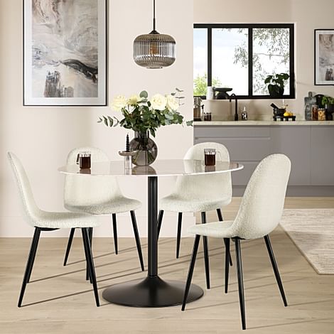 Orbit Round Dining Table & 4 Brooklyn Chairs, Grey Marble Effect & Black Steel, Ivory Classic Boucle Fabric, 110cm