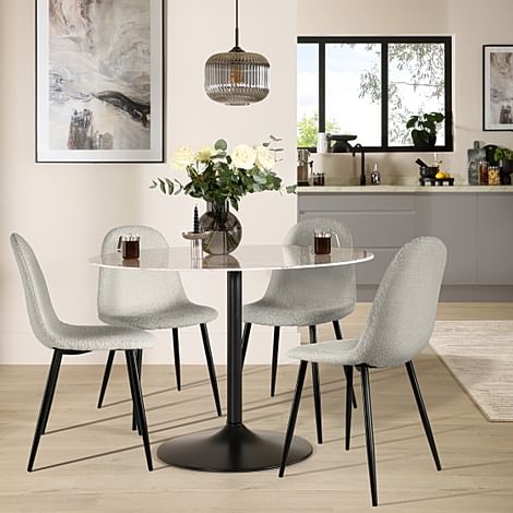 Orbit Round Dining Table & 4 Brooklyn Chairs, Grey Marble Effect & Black Steel, Light Grey Classic Boucle Fabric, 110cm
