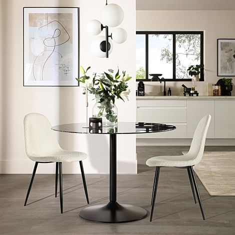 Orbit Round Dining Table & 2 Brooklyn Chairs, Black Marble Effect & Black Steel, Ivory Classic Boucle Fabric, 110cm