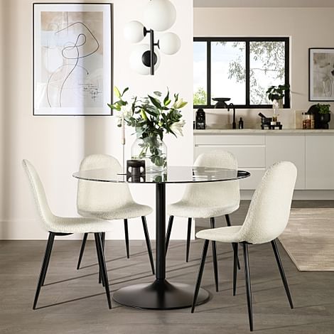 Orbit Round Dining Table & 4 Brooklyn Chairs, Black Marble Effect & Black Steel, Ivory Classic Boucle Fabric, 110cm