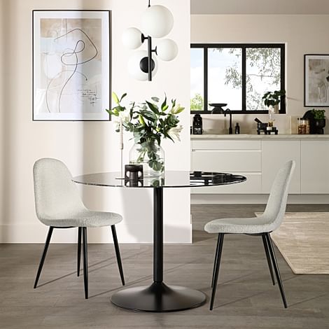 Orbit Round Dining Table & 2 Brooklyn Chairs, Black Marble Effect & Black Steel, Light Grey Classic Boucle Fabric, 110cm