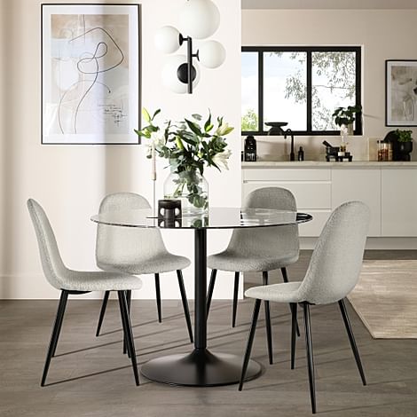 Orbit Round Dining Table & 4 Brooklyn Chairs, Black Marble Effect & Black Steel, Light Grey Classic Boucle Fabric, 110cm