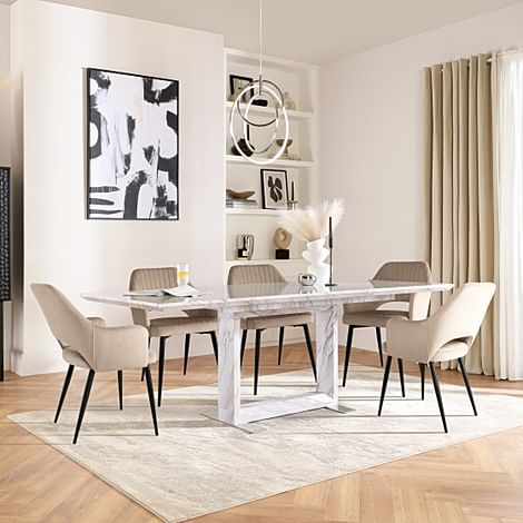 Tokyo Extending Dining Table & 4 Clara Chairs, Grey Marble Effect, Champagne Classic Velvet & Black Steel, 160-220cm