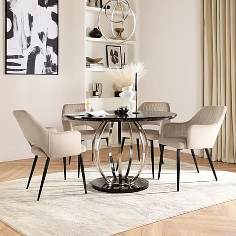 Savoy Round Dining Table & 4 Clara Chairs, Black Marble Effect & Chrome, Champagne Classic Velvet & Black Steel, 120cm