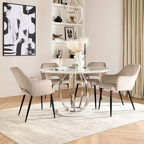 Savoy Round Dining Table & 4 Clara Chairs, White Marble Effect & Chrome, Champagne Classic Velvet & Black Steel, 120cm