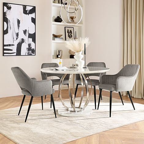 Savoy Round Dining Table & 4 Clara Chairs, White Marble Effect & Chrome, Grey Classic Velvet & Black Steel, 120cm