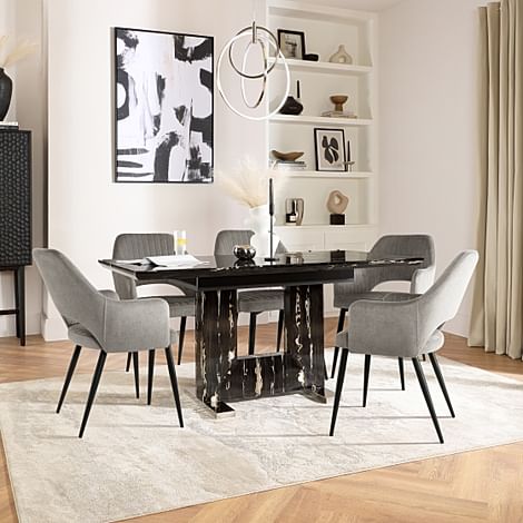 Florence Extending Dining Table & 6 Clara Chairs, Black Marble Effect, Grey Classic Velvet & Black Steel, 120-160cm