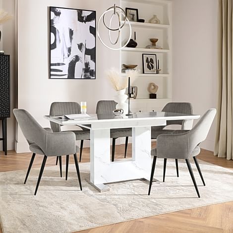 Florence Extending Dining Table & 4 Clara Chairs, White Marble Effect, Grey Classic Velvet & Black Steel, 120-160cm