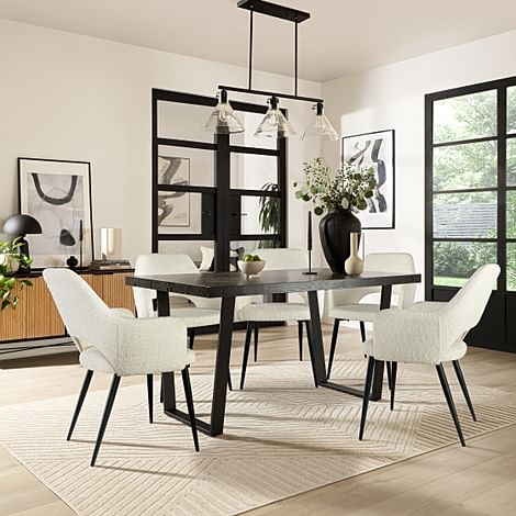 Addison Dining Table & 6 Clara Chairs, Black Oak Effect & Black Steel, Ivory Classic Boucle Fabric, 150cm