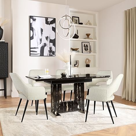 Florence Extending Dining Table & 4 Clara Chairs, Black Marble Effect, Ivory Classic Boucle Fabric & Black Steel, 120-160cm