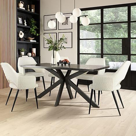 Madison Dining Table & 6 Clara Chairs, Black Oak Effect & Black Steel, Ivory Classic Boucle Fabric, 160cm