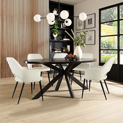 Madison Oval Dining Table & 6 Clara Chairs, Black Oak Effect & Black Steel, Ivory Classic Boucle Fabric, 180cm