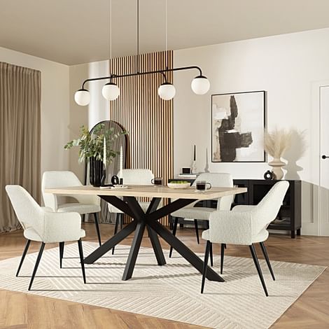 Madison Dining Table & 4 Clara Chairs, Light Oak Effect & Black Steel, Ivory Classic Boucle Fabric, 160cm