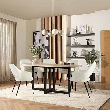 Newbury Oval Dining Table & 4 Clara Chairs, Light Oak Effect & Black Steel, Ivory Classic Boucle Fabric, 180cm