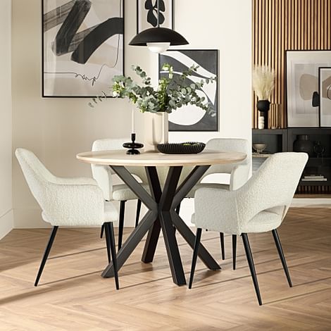 Newark Round Dining Table & 4 Clara Chairs, Light Oak Effect & Black Steel, Ivory Boucle Fabric, 110cm