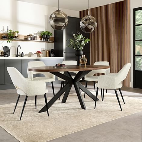 Madison Oval Industrial Dining Table & 4 Clara Chairs, Walnut Effect & Black Steel, Ivory Classic Boucle Fabric, 180cm