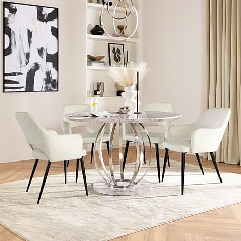 Savoy Round Dining Table & 4 Clara Chairs, Grey Marble Effect & Chrome, Ivory Classic Boucle Fabric & Black Steel, 120cm