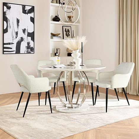 Savoy Round Dining Table & 4 Clara Chairs, White Marble Effect & Chrome, Ivory Classic Boucle Fabric & Black Steel, 120cm
