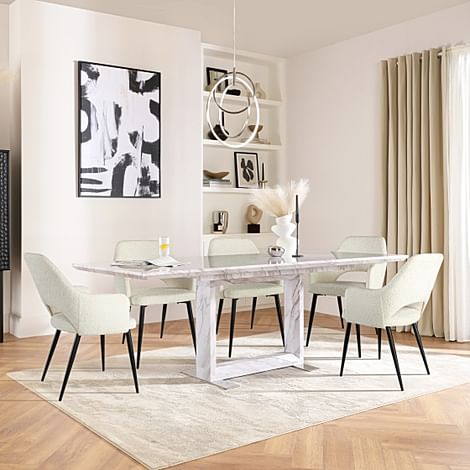 Tokyo Extending Dining Table & 4 Clara Chairs, Grey Marble Effect, Ivory Classic Boucle Fabric & Black Steel, 160-220cm