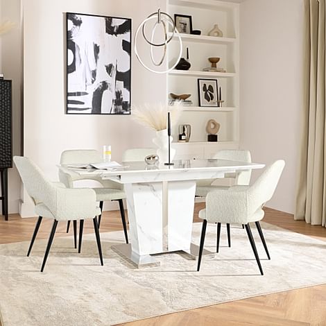Vienna Extending Dining Table & 4 Clara Chairs, White Marble Effect, Ivory Classic Boucle Fabric & Black Steel, 120-160cm