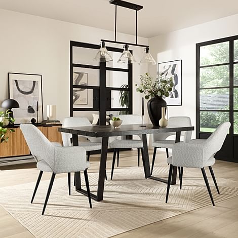 Addison Dining Table & 4 Clara Chairs, Black Oak Effect & Black Steel, Light Grey Classic Boucle Fabric, 150cm