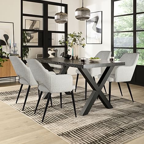 Franklin Dining Table & 4 Clara Chairs, Black Oak Effect & Black Steel, Light Grey Classic Boucle Fabric, 150cm