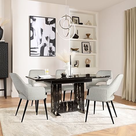 Florence Extending Dining Table & 4 Clara Chairs, Black Marble Effect, Light Grey Classic Boucle Fabric & Black Steel, 120-160cm