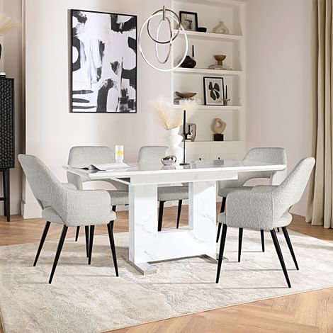 Florence Extending Dining Table & 4 Clara Chairs, White Marble Effect, Light Grey Classic Boucle Fabric & Black Steel, 120-160cm