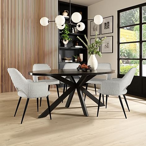 Madison Oval Dining Table & 4 Clara Chairs, Black Oak Effect & Black Steel, Light Grey Classic Boucle Fabric, 180cm