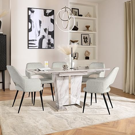 Vienna Extending Dining Table & 4 Clara Chairs, Grey Marble Effect, Light Grey Classic Boucle Fabric & Black Steel, 120-160cm