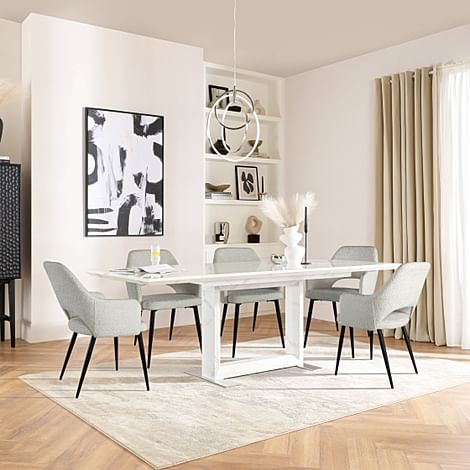 Tokyo Extending Dining Table & 6 Clara Chairs, White Marble Effect, Light Grey Classic Boucle Fabric & Black Steel, 160-220cm