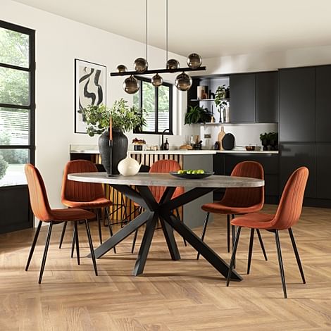 Madison Oval Industrial Dining Table & 6 Brooklyn Chairs, Grey Concrete Effect & Black Steel, Burnt Orange Classic Velvet, 180cm
