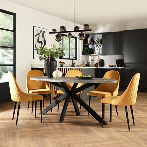 Madison Oval Industrial Dining Table & 4 Ricco Chairs, Grey Concrete Effect & Black Steel, Mustard Classic Velvet, 180cm