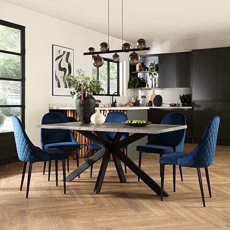 Madison Industrial Dining Table & 6 Ricco Chairs, Grey Concrete Effect & Black Steel, Blue Classic Velvet, 160cm