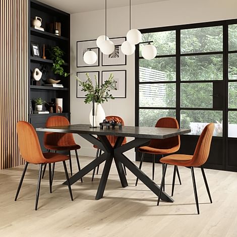 Madison Dining Table & 4 Brooklyn Chairs, Black Oak Effect & Black Steel, Burnt Orange Classic Velvet, 160cm