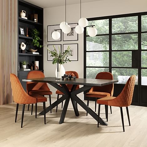 Madison Dining Table & 4 Ricco Chairs, Black Oak Effect & Black Steel, Burnt Orange Classic Velvet, 160cm