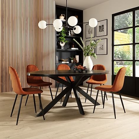 Madison Oval Dining Table & 4 Brooklyn Chairs, Black Oak Effect & Black Steel, Burnt Orange Classic Velvet, 160cm