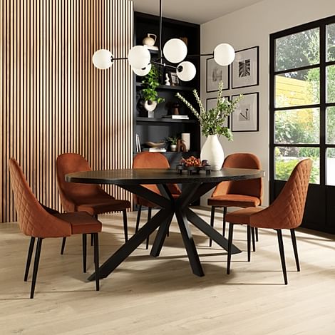 Madison Oval Dining Table & 4 Ricco Chairs, Black Oak Effect & Black Steel, Burnt Orange Classic Velvet, 160cm
