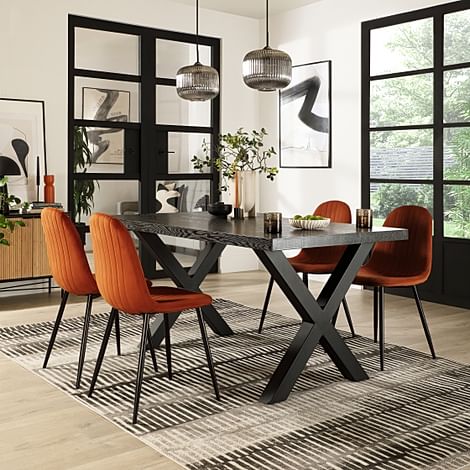 Franklin Dining Table & 4 Brooklyn Chairs, Black Oak Effect & Black Steel, Burnt Orange Classic Velvet, 150cm