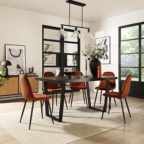 Addison Dining Table & 4 Brooklyn Chairs, Black Oak Effect & Black Steel, Burnt Orange Classic Velvet, 150cm