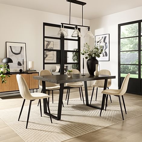 Addison Industrial Dining Table & 4 Brooklyn Chairs, Grey Oak Veneer & Black Steel, Champagne Classic Velvet, 150cm