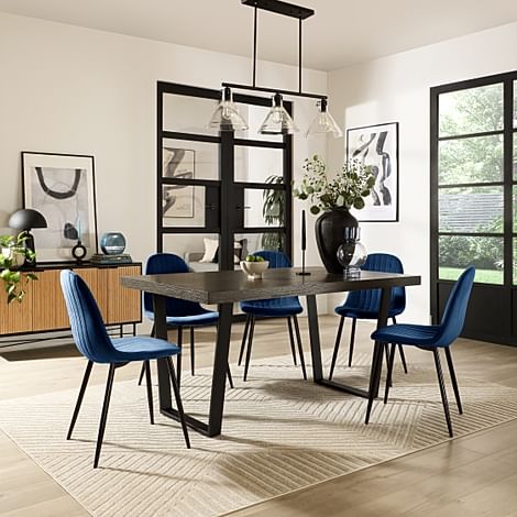 Addison Industrial Dining Table & 4 Brooklyn Chairs, Grey Oak Veneer & Black Steel, Blue Classic Velvet, 150cm