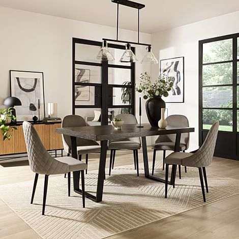 Addison Industrial Dining Table & 4 Ricco Chairs, Grey Oak Veneer & Black Steel, Grey Classic Velvet, 150cm