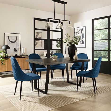 Addison Industrial Dining Table & 4 Ricco Chairs, Grey Oak Veneer & Black Steel, Blue Classic Velvet, 150cm