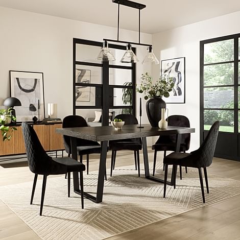 Addison Industrial Dining Table & 4 Ricco Chairs, Grey Oak Veneer & Black Steel, Black Classic Velvet, 150cm