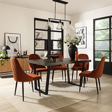 Addison Industrial Dining Table & 6 Ricco Chairs, Grey Oak Veneer & Black Steel, Burnt Orange Classic Velvet, 150cm