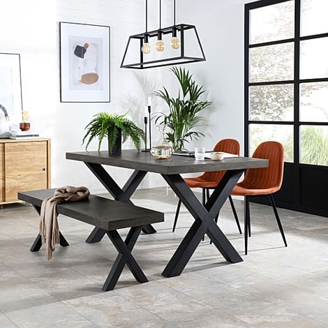 Franklin Industrial Dining Table, Bench & 2 Brooklyn Chairs, Grey Oak Veneer & Black Steel, Burnt Orange Classic Velvet, 150cm