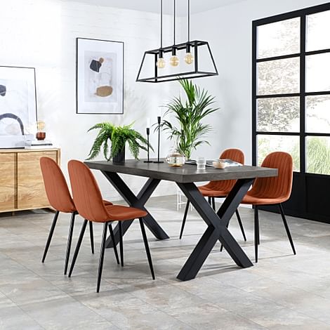 Franklin Industrial Dining Table & 4 Brooklyn Chairs, Grey Oak Veneer & Black Steel, Burnt Orange Classic Velvet, 150cm