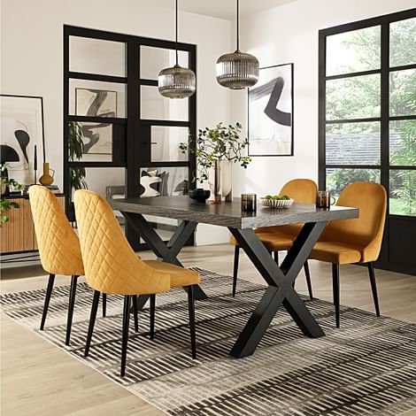 Franklin Industrial Dining Table & 4 Ricco Chairs, Grey Oak Veneer & Black Steel, Mustard Classic Velvet, 150cm