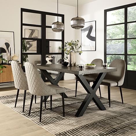 Franklin Industrial Dining Table & 4 Ricco Chairs, Grey Oak Veneer & Black Steel, Grey Classic Velvet, 150cm